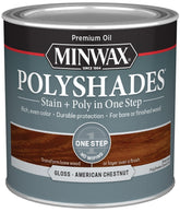 Minwax PolyShades 214754444 Wood Stain and Polyurethane, Gloss, American Chestnut, Liquid, 0.5 pt, Can